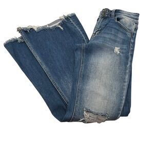 Petra 153 Women Blue‎ Distressed Flare Jeans Button Fly Ripped Raw Hem Size 5